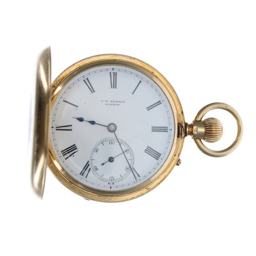 310 - J.W. Benson Victorian 18ct lever half hunter pocket watch, London 1876, signed three-quarter plate m... 