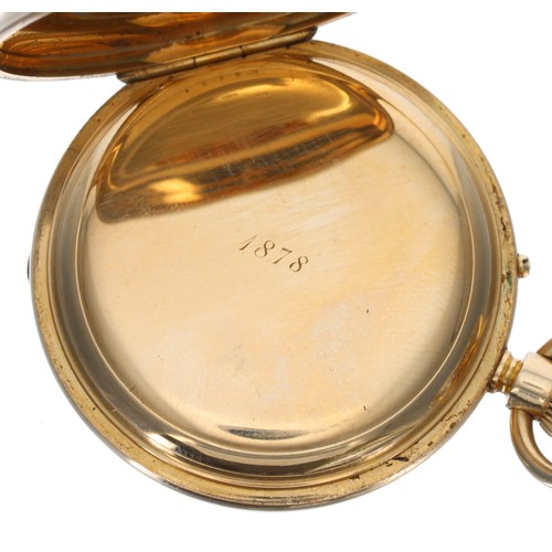 310 - J.W. Benson Victorian 18ct lever half hunter pocket watch, London 1876, signed three-quarter plate m... 