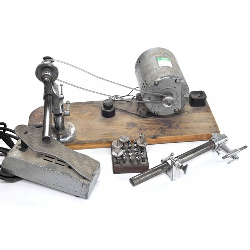 814 - Watchmaker's lathe with motor and pedal, with spare 5mm collets