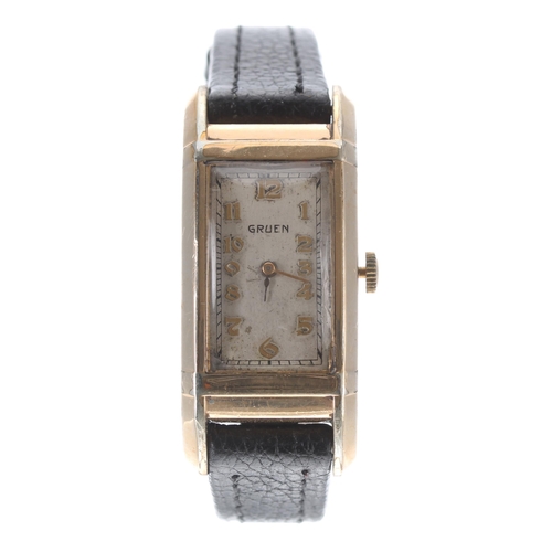 187C - Gruen gold filled and stainless steel rectangular curved gentleman's wristwatch, signed silvered dia... 