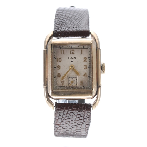 199 - Elgin 10k gold filled gentleman's wristwatch, rectangular signed silvered dial with Arabic numerals ... 