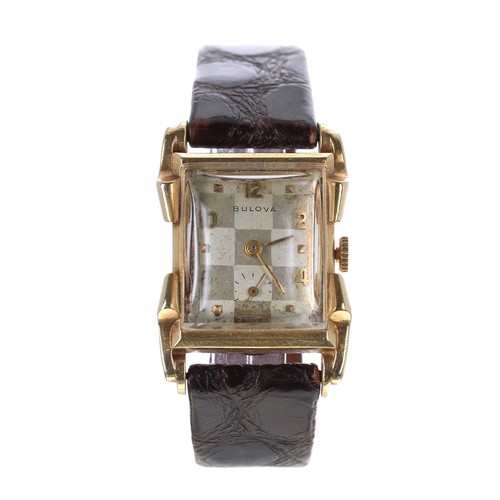 142A - Bulova 9ct rectangular gentleman's wristwatch, rectangular silvered chequered dial with gilt applied... 