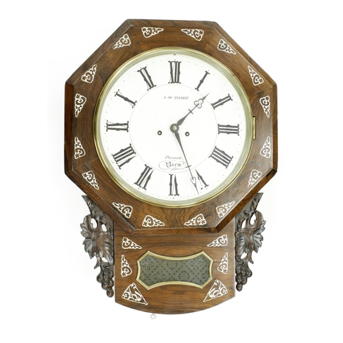 1283 - Rosewood and mother of pearl inlaid double fusee drop dial wall clock signed J-W-Sharp, Parade, Birm... 