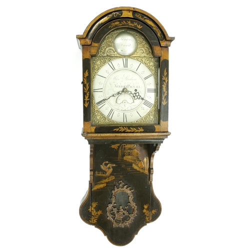 1286 - English black lacquer and chinoiserie decorated single train hooded wall clock, the 11