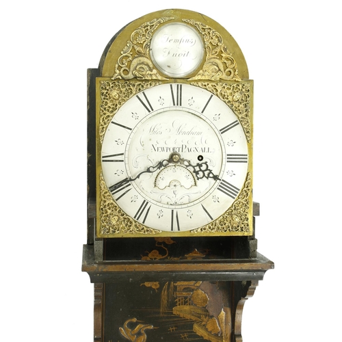 1286 - English black lacquer and chinoiserie decorated single train hooded wall clock, the 11