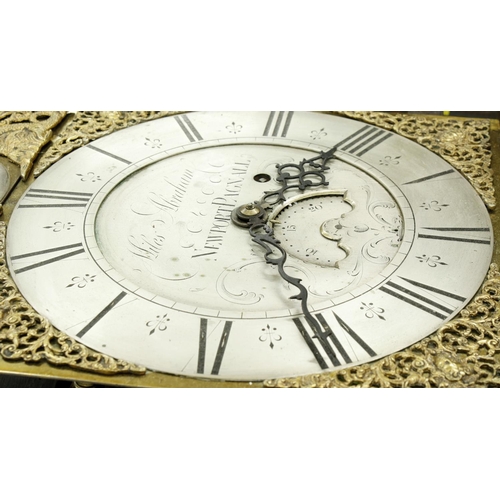 1286 - English black lacquer and chinoiserie decorated single train hooded wall clock, the 11