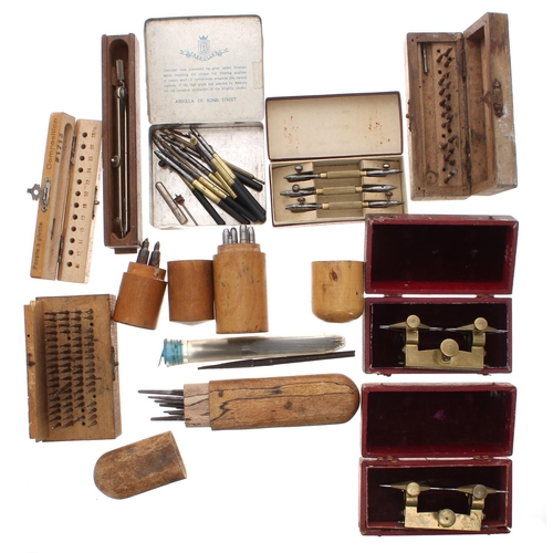 821 - Two watchmaker's brass depthing tools, cased; together a selection of watchmakers tools to include p... 