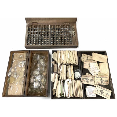 800A - Quantity of wristwatch and pocket watch crystal glasses, within 3 wooden cases ... 