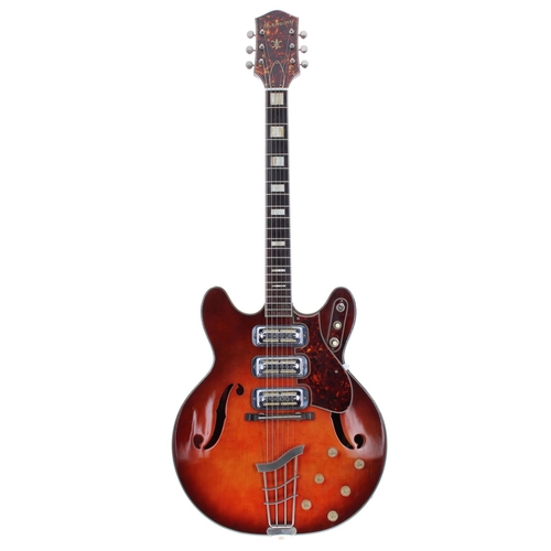 124 - 1964 Harmony H77 semi-hollow body electric guitar, made in USA, ser. no. 3xx2; Body: cherry sunburst... 