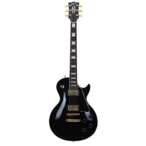 Late 1980s Burny Les Paul Custom type electric guitar, made in Japan; Body:  black finish, various im