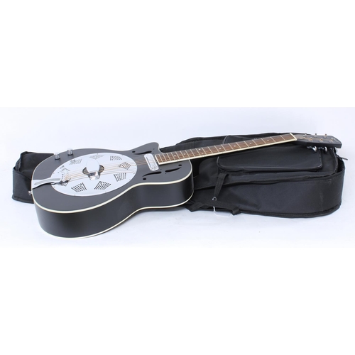 162 - Ozark 3515E left-handed electric resonator guitar; Finish: satin black; Neck: good; Fretboard: rosew... 