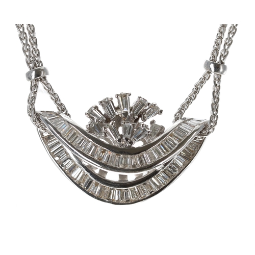 469 - Fancy modern 18ct white gold baguette-cut diamond set necklace, 29.4gm, the pendant 37mm, 16