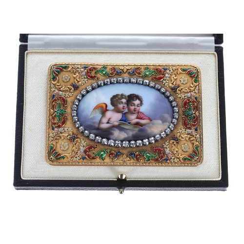 475 - Fine quality yellow metal enamelled and diamond set rectangular plaque, depicting angelic figures wi... 