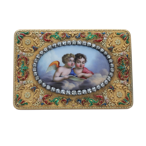 475 - Fine quality yellow metal enamelled and diamond set rectangular plaque, depicting angelic figures wi... 