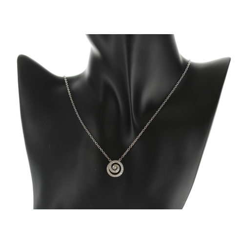 476 - Asprey 18ct white gold necklace with swirl diamond pendant, signed, 6.8gm, the pendant 14.5mm (40388... 