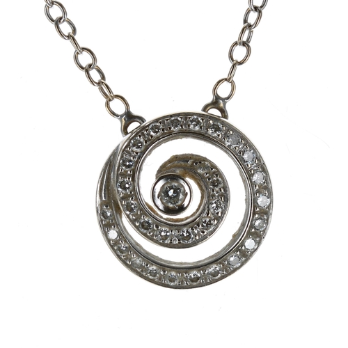 476 - Asprey 18ct white gold necklace with swirl diamond pendant, signed, 6.8gm, the pendant 14.5mm (40388... 