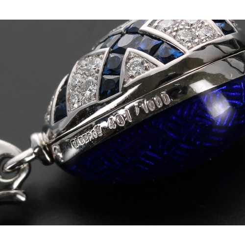 477 - Fabergé 18ct white gold necklet with diamond and sapphire egg shaped pendant, signed Fabergé, the pe... 