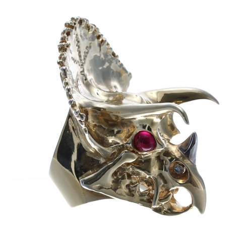 478 - 18ct yellow gold Triceratops head ring signed Iggy, set with gem cabouchon eyes and diamonds,  96.8g... 