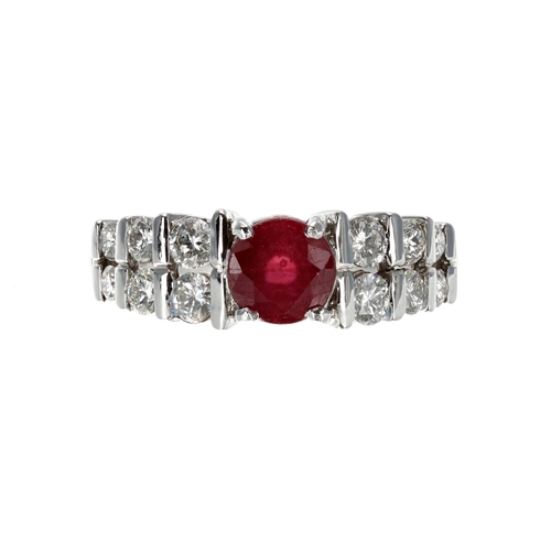 483 - 18ct white gold ruby and diamond dress ring, 0.70ct approx in total, clarity SI, colour I/J, width 7... 