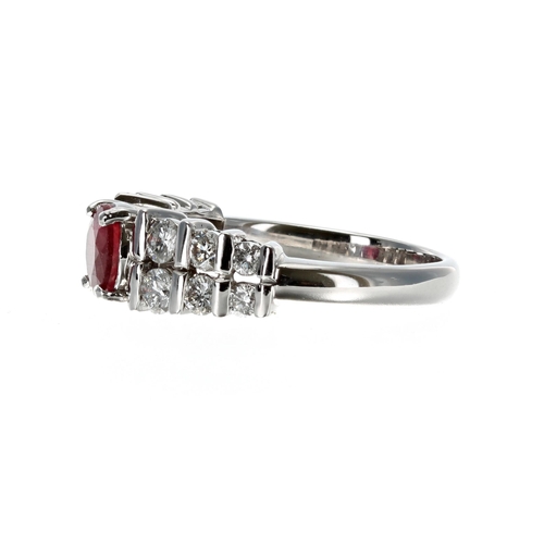 483 - 18ct white gold ruby and diamond dress ring, 0.70ct approx in total, clarity SI, colour I/J, width 7... 