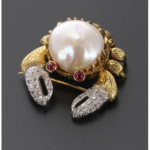 485 - Novelty 18ct diamond, gem and pearl set crab brooch, 26gm, 34mm wide approx (4035)