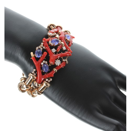 488 - Attractive 18ct rose gold coral, diamond and sapphire set bracelet, the cabouchon sapphires estimate... 