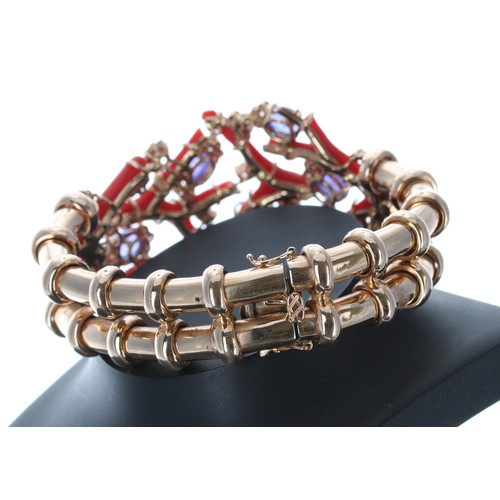 488 - Attractive 18ct rose gold coral, diamond and sapphire set bracelet, the cabouchon sapphires estimate... 