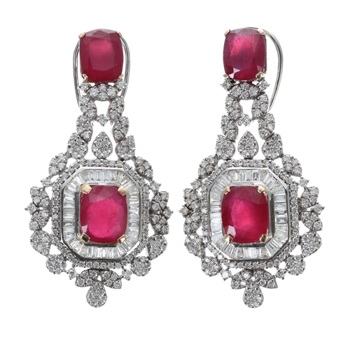 492 - Good pair of fancy 18ct white gold diamond and gem set cluster drop earrings, 34.3gm, 58mm (u0040011... 