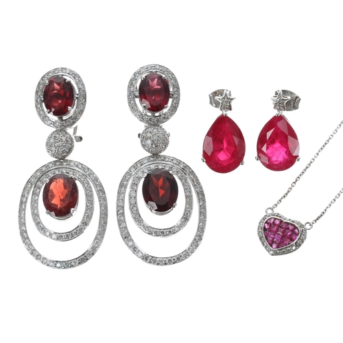 494 - Pair of white gold diamond and garnet cluster drop earrings, 18.4gm, drop 48mm; heart shaped ruby pe... 