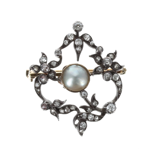 495 - Antique white and yellow metal diamond and pearl brooch, 6gm, 24mm (2000122-1-a)... 