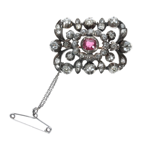 497 - Antique diamond gem set foliate brooch, rub-over set with a synthetic spinel and a rose-cut diamond ... 