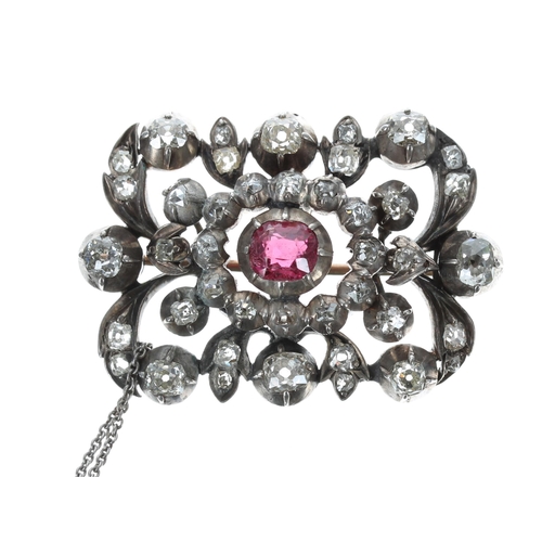 497 - Antique diamond gem set foliate brooch, rub-over set with a synthetic spinel and a rose-cut diamond ... 