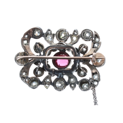 497 - Antique diamond gem set foliate brooch, rub-over set with a synthetic spinel and a rose-cut diamond ... 