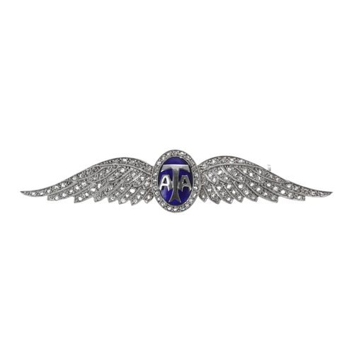 498 - Rare 'ATA' (Air Transport Auxiliary) platinum diamond set enamel pilots winged brooch, 10.6gm, 72mm ... 