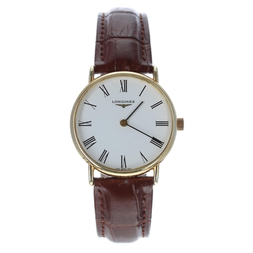 67 - Longines gold plated and stainless steel gentleman's wristwatch, white dial, modern brown leather st... 