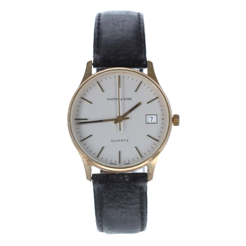 99 - Mappin & Webb Quartz 9ct gentleman's wristwatch, Birmingham 1996, silvered dial, modern black le... 