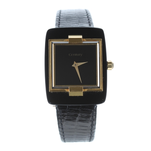 101 - Century 18ct and black resin automatic rectangular wristwatch, square black dial, gilt dauphine hand... 