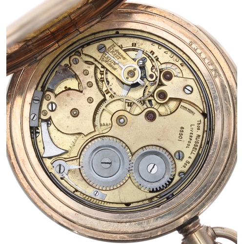 122 - Thos. Russell & Son quarter repeating gold plated lever set hunter pocket watch, signed movement... 