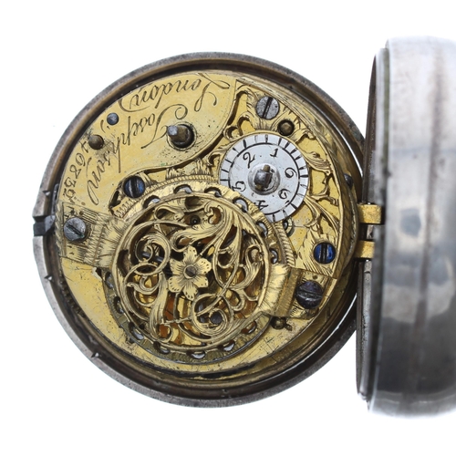 126 - George III silver verge repousse pair cased pocket watch, London 1783, the fusee movement signed Jos... 