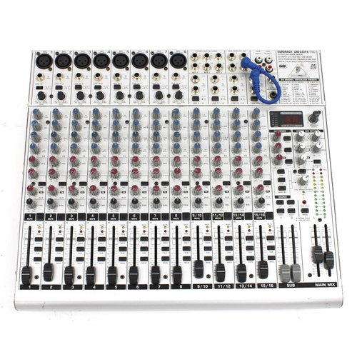 1302 - Behringer Eurorack UB2222FX-Pro mixer with gig bag and a selection of associated cables... 