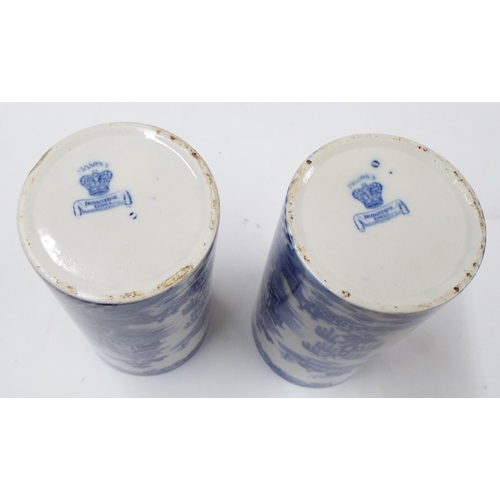 107 - Pair of Masons Ironstone blue and white 'Willow' pattern transfer printed cylindrical vases, 4