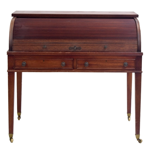 347 - Sheraton style reproduction tambour desk/bureau, the rolling tambour front enclosing fitted interior... 