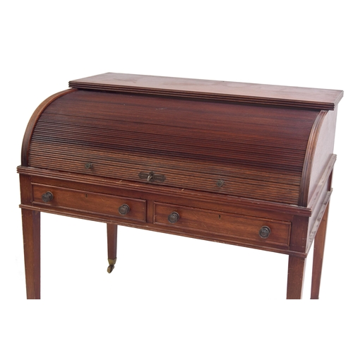 347 - Sheraton style reproduction tambour desk/bureau, the rolling tambour front enclosing fitted interior... 