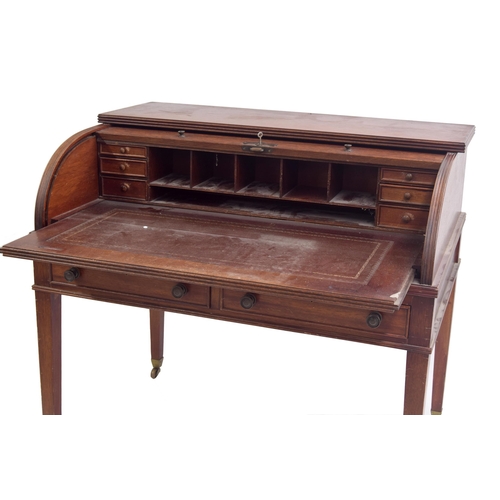 347 - Sheraton style reproduction tambour desk/bureau, the rolling tambour front enclosing fitted interior... 