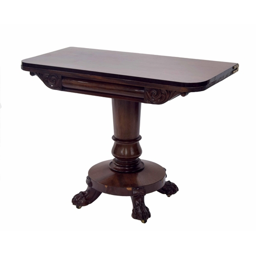 349 - Victorian mahogany fold-over tea table, the hinged top over foliate scrolled carved apron, raised up... 