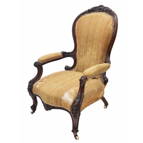 354 - Victorian mahogany framed upholstered arm chair, the frame with carved scroll to the upper back, arm... 