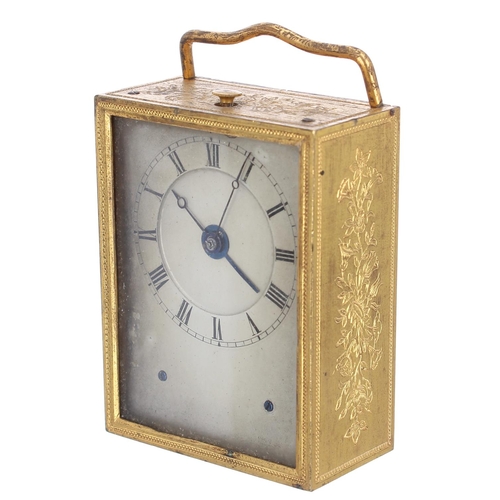 1309 - Interesting small French ormolu travel alarm clock, the sliding back door with winding and control a... 