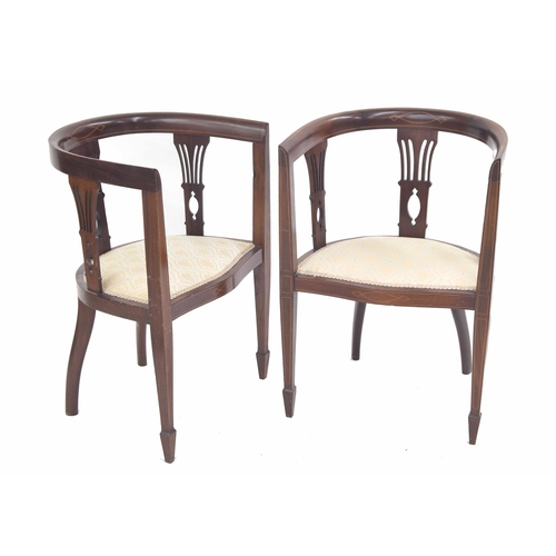 338 - Pair of Edwardian mahogany and boxwood inlaid tub salon chairs, 21