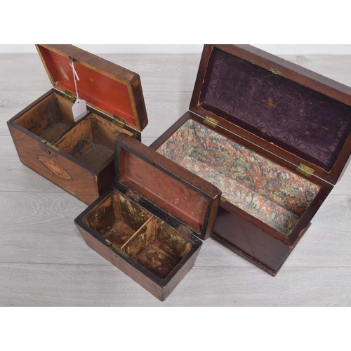 110 - 19th century mahogany rectangular tea caddy, the hinged cover with inlaid shell paterae enclosing tw... 