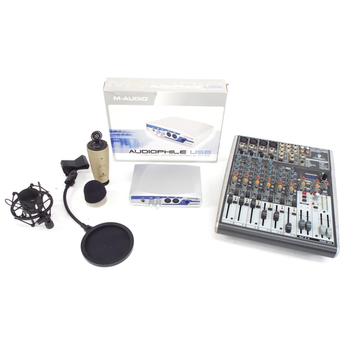 1272 - Behringer C-1 microphone with pop shield, a Behringer Xenyx X1204 USB mixer and an M-Audio Audiophil... 